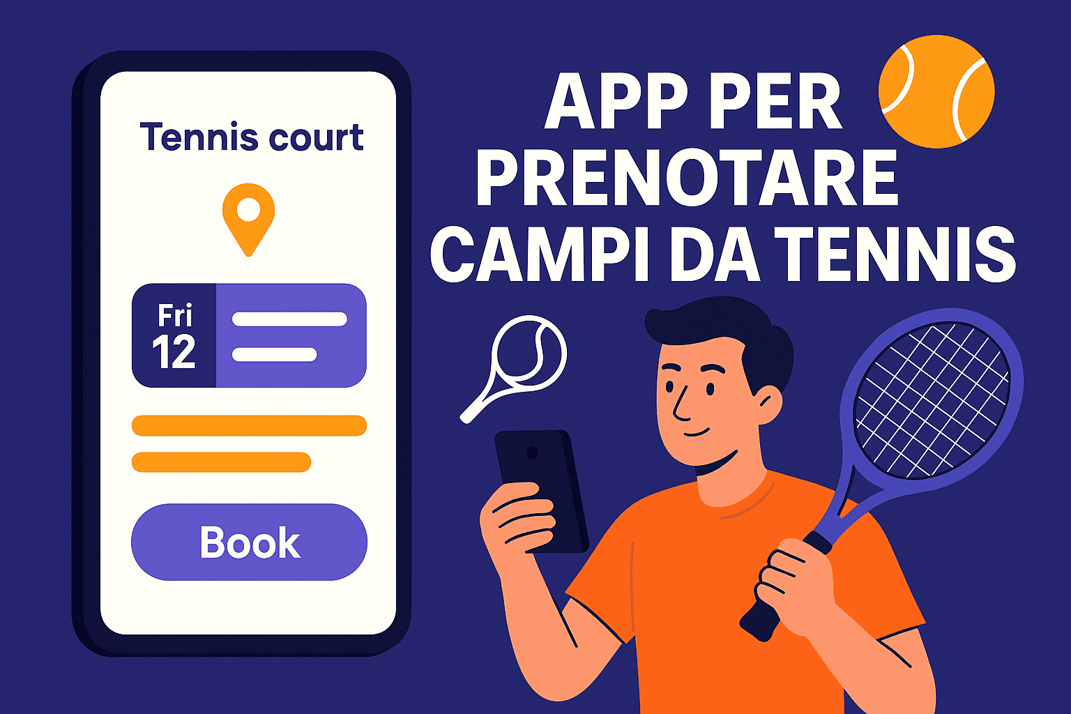Illustrazione flat 16:9 di un’app per prenotare campi da tennis con giocatore, smartphone e racchetta