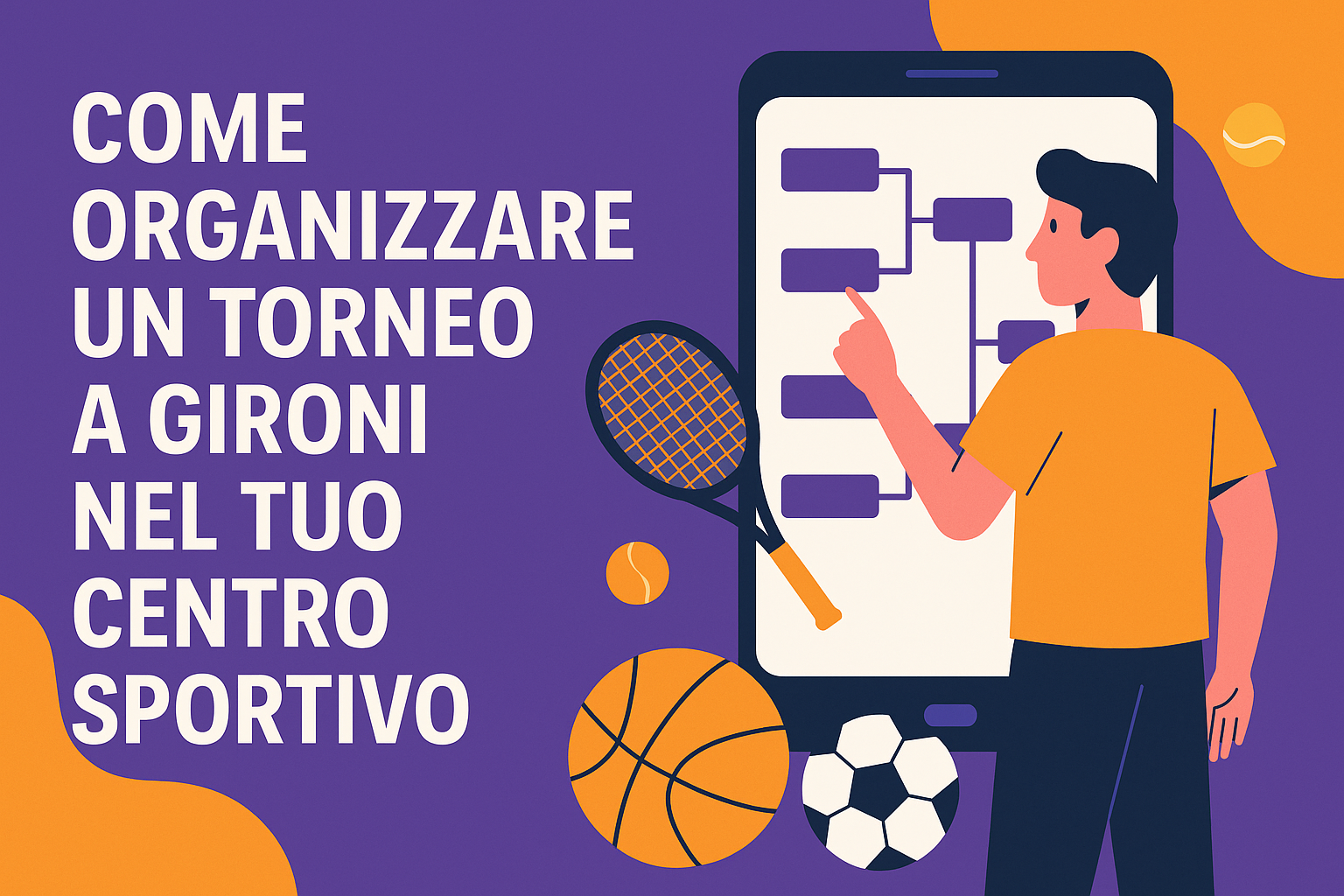 Illustrazione flat di un giocatore che consulta un tabellone a gironi su smartphone per un torneo sportivo