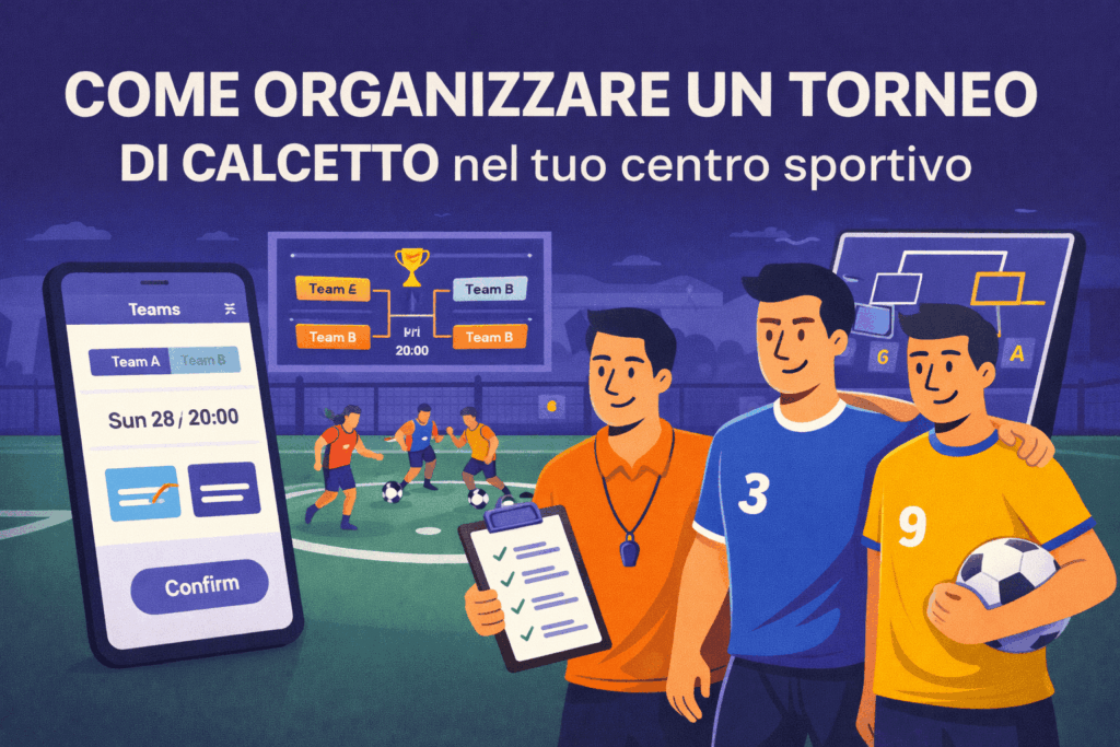 Illustrazione di un torneo di calcetto organizzato in un centro sportivo con calendario, squadre e gestione digitale