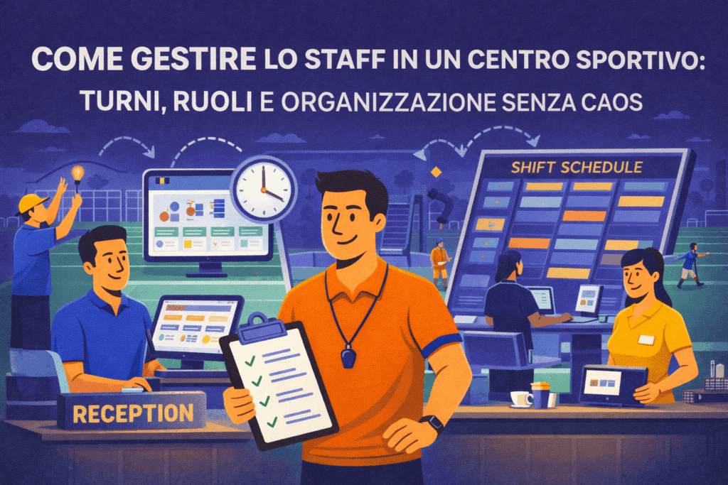 Gestione staff centro sportivo con turni organizzati tra reception, bar e calendario prenotazioni digitale
