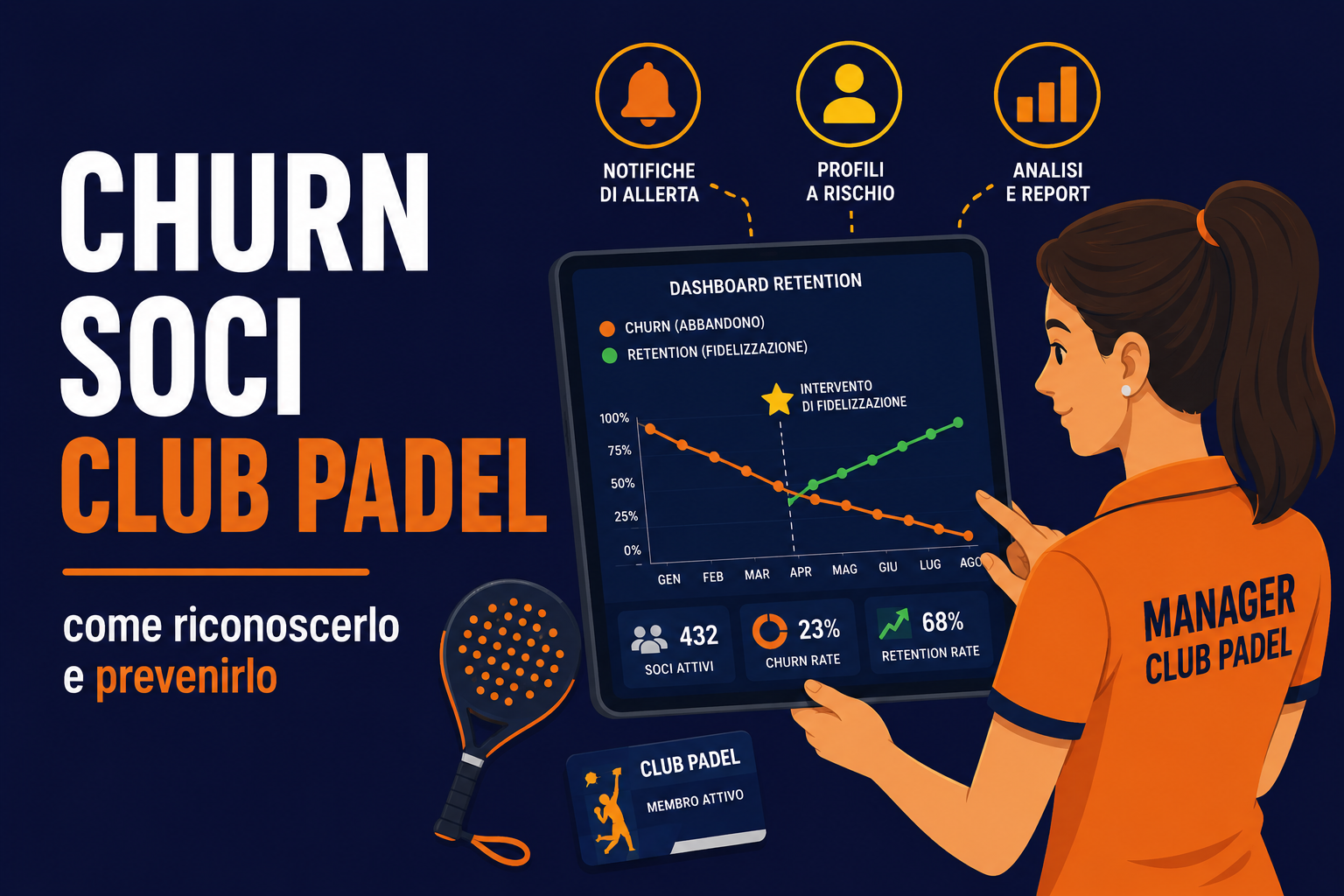 Prevenire il churn soci club padel con BookIt analytics