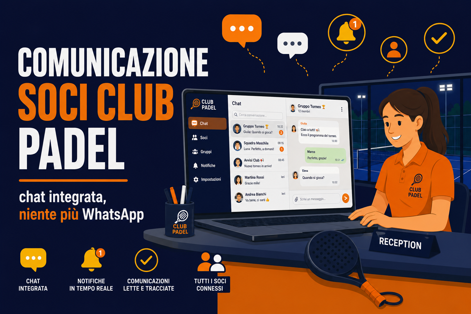 Comunicazione soci club padel con chat integrata BookIt