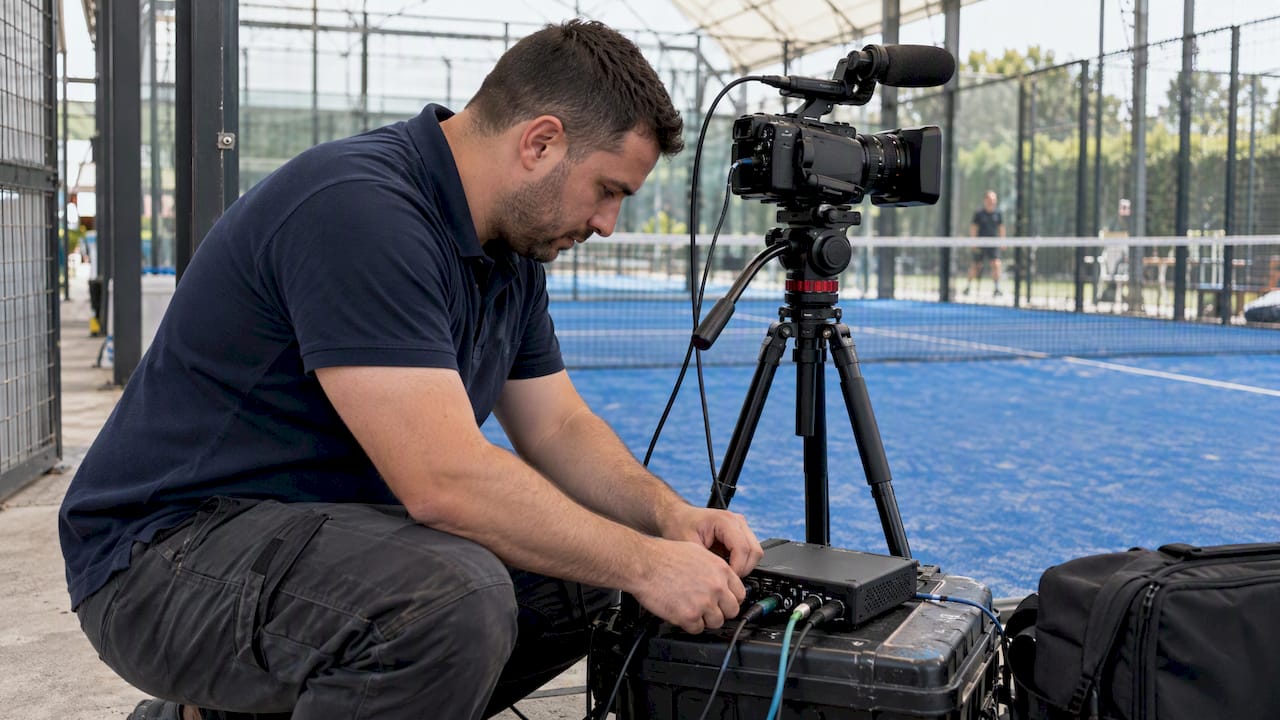 Tecnico che prepara l'attrezzatura per una diretta sportiva