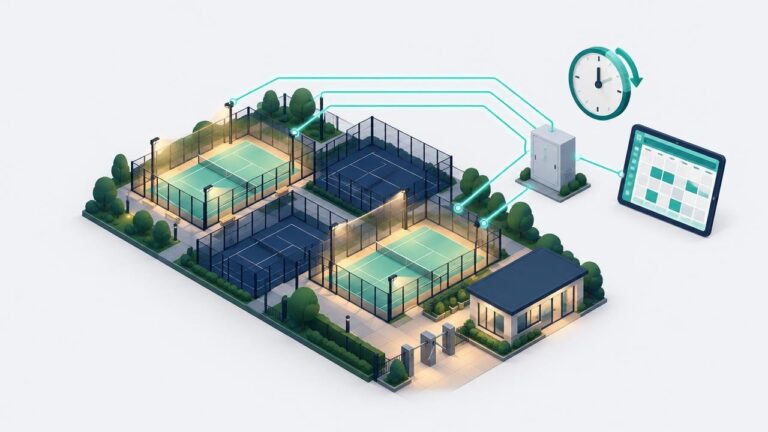 Illustrazione isometrica di campi da padel al tramonto con fari accesi solo sui campi prenotati, collegati a un quadro elettrico e a un calendario delle prenotazioni
