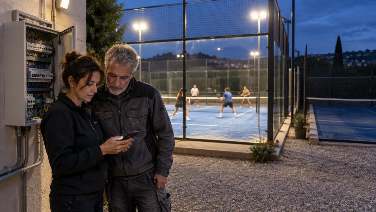 Gestrice di un circolo di padel ed elettricista davanti al quadro luci la sera, con un campo illuminato in uso e uno spento accanto